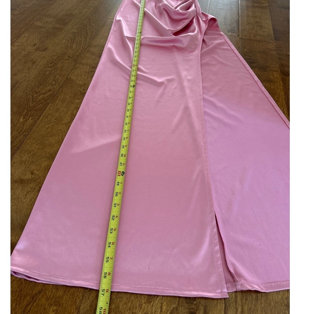 New B.Darlin Formal Gown Sz 5/6 Pink Satin Cowl Neck Ruched Slit Floor Length - Picture 7 of 14
